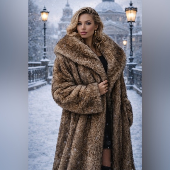 Vintage Style Luxury Faux Fur longline Coat Chocolate Brown tan - Picture 11 of 11